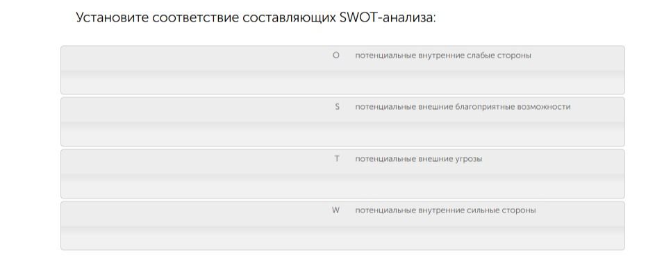 Фото задания: Установите соответствие составляющих SWOT-анализа: O — потенциальные внутренние слабые стороны; S — потенциальные внешние…
