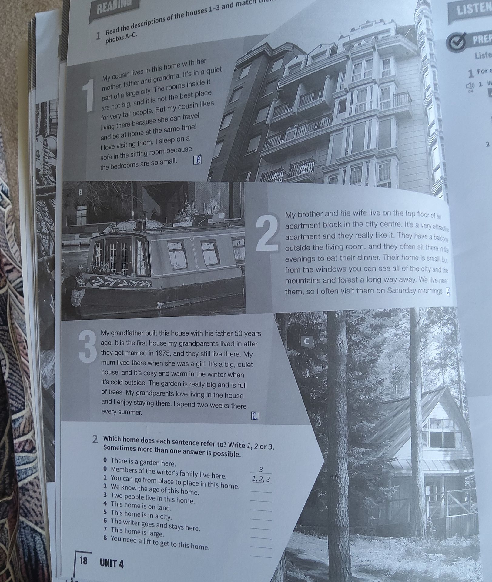 Фото задания: Read the descriptions of the houses 1–3 and match them with photos A–C. Then answer: Which home does each sentence refer…