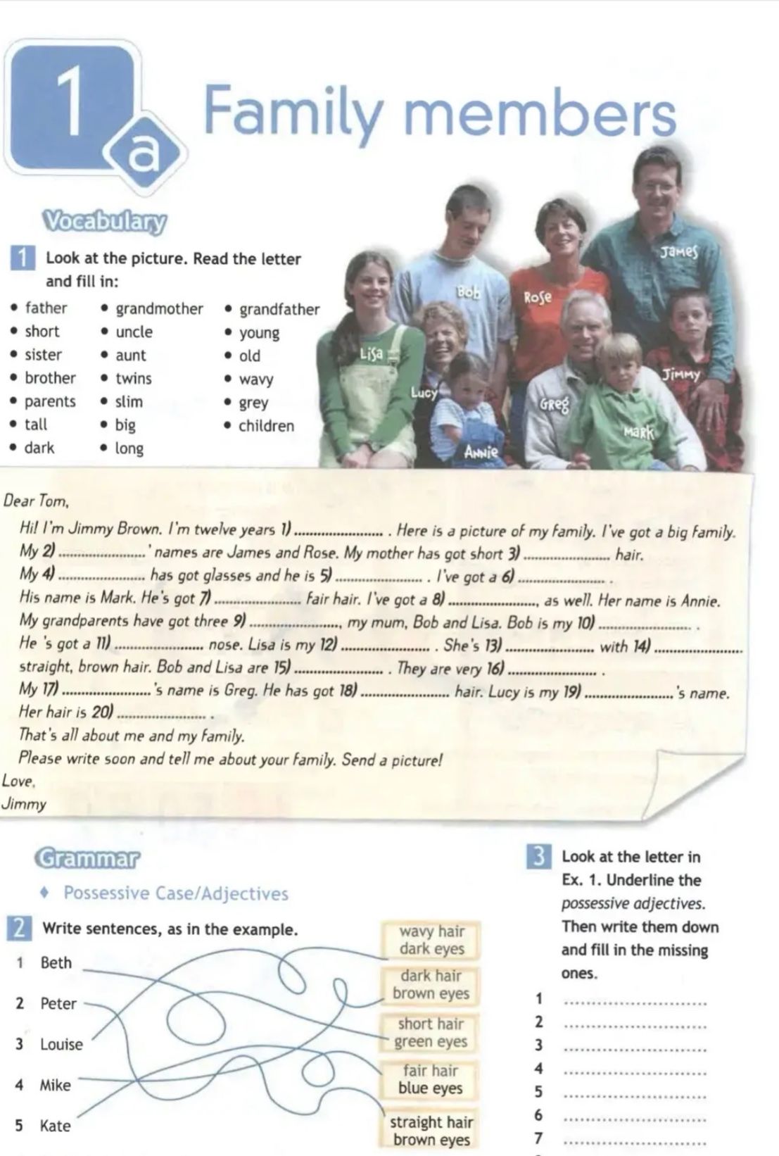 Фото задания: Write sentences, as in the example. Match Beth, Peter, Louise, Mike and Kate with the descriptions: wavy hair/dark eyes; dark…