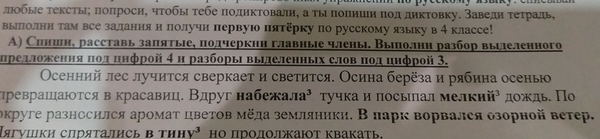 Фото задания: А) Спишите, расставьте запятые, подчеркните главные члены. Выполните разбор выделенного предложения под цифрой 4 и разборы…