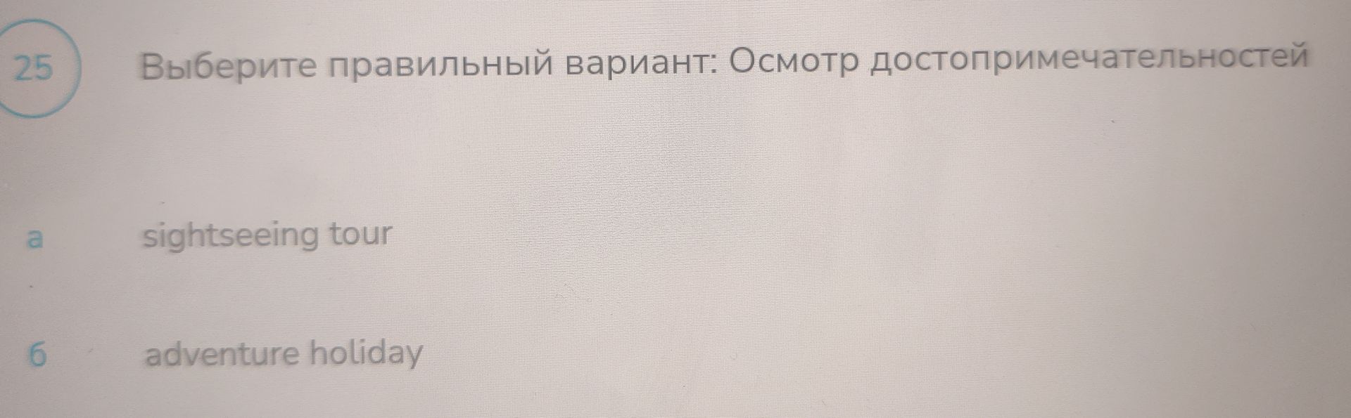 Фото задания: Выберите правильный вариант: Осмотр достопримечательностей. а) sightseeing tour; б) adventure holiday