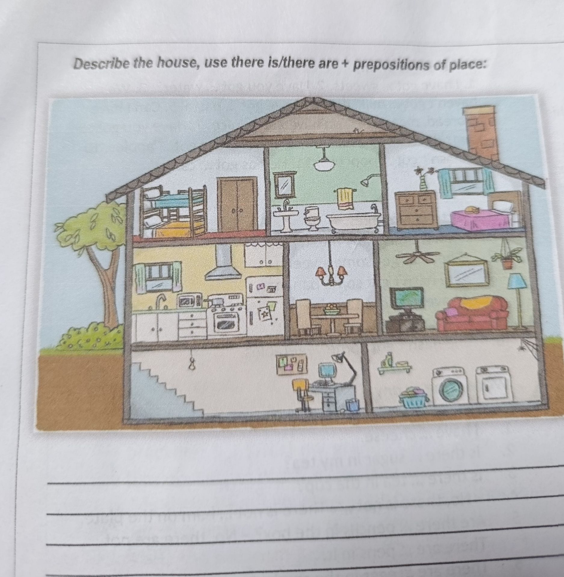 Фото задания: Describe the house. Use there is/there are and prepositions of place.