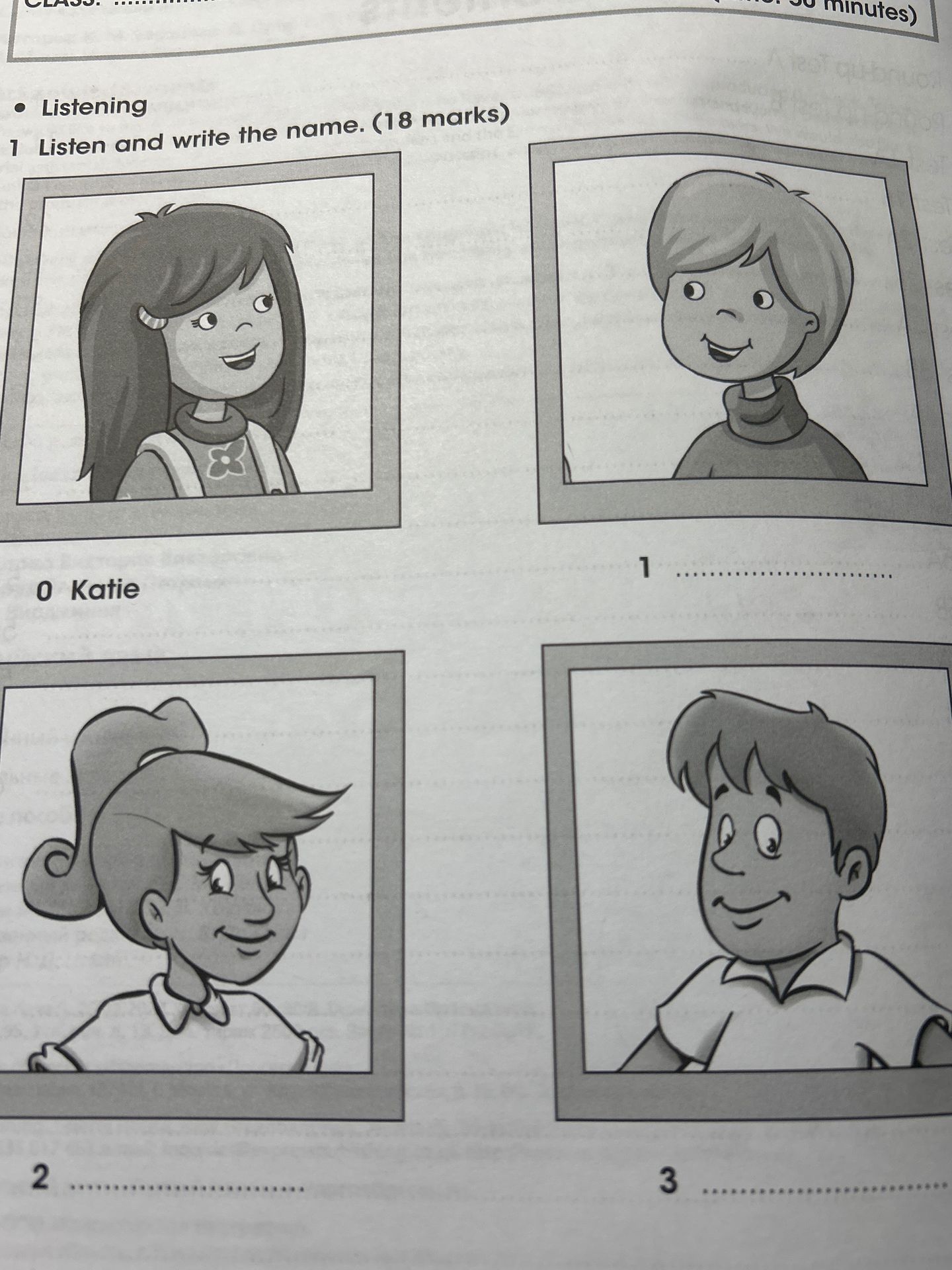 Фото задания: Listening: Listen and write the name. Example: 0 Katie. Write the names for pictures 1, 2 and 3.