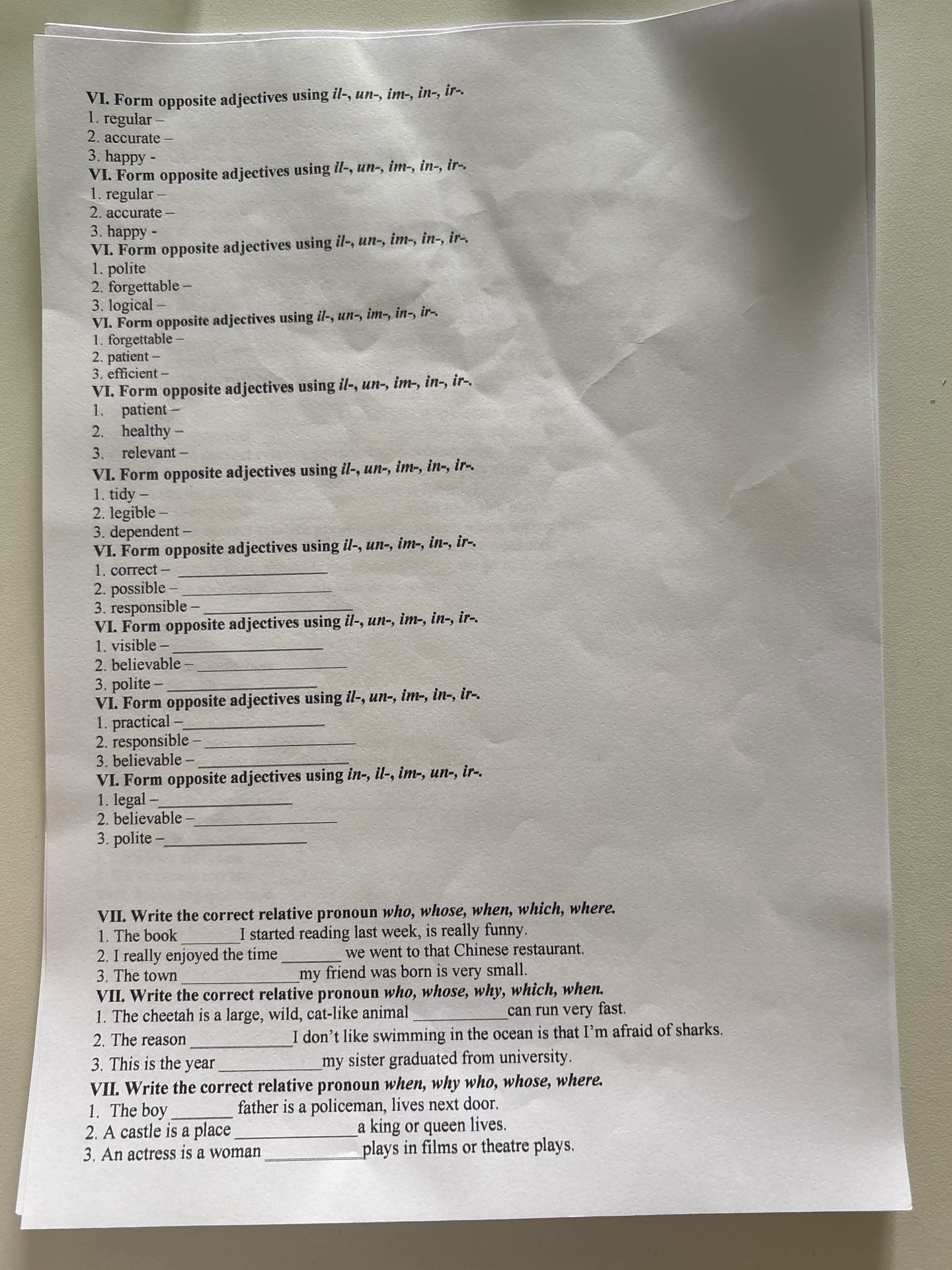 Фото задания: VI. Form opposite adjectives using il-, un-, im-, in-, ir-: 1) correct; 2) possible; 3) responsible.