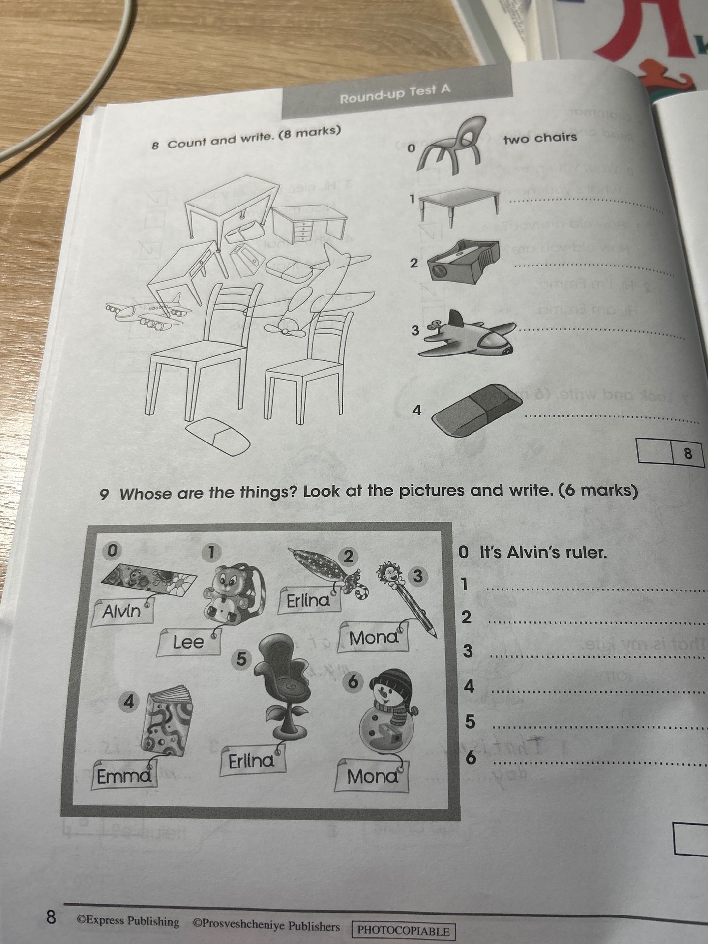 Фото задания: 9. Whose are the things? Look at the pictures and write. 0 It’s Alvin’s ruler. Complete 1–6.