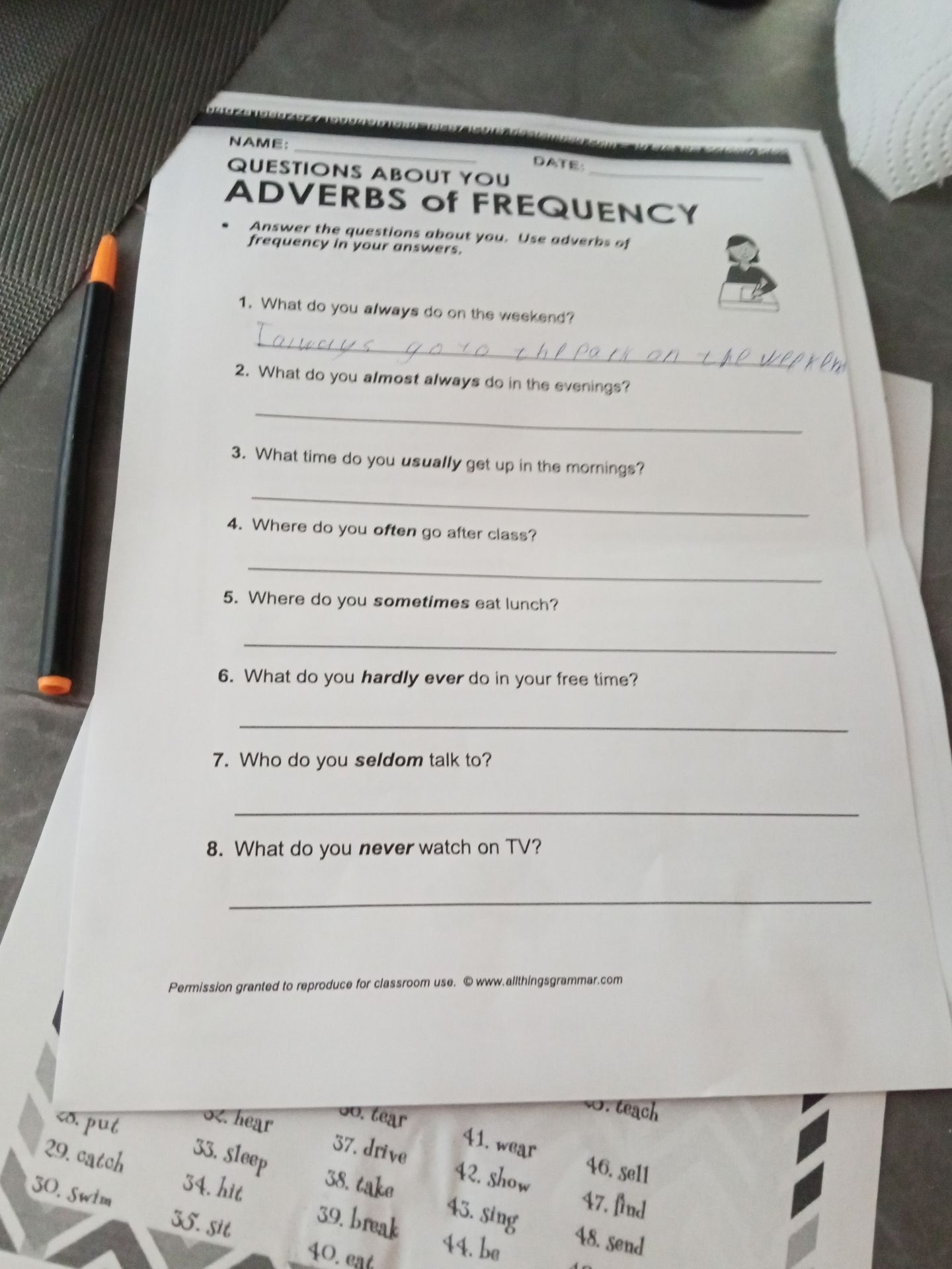 Фото задания: Answer the questions about you. Use adverbs of frequency in your answers: 1) What do you always do on the weekend? 2) What do…