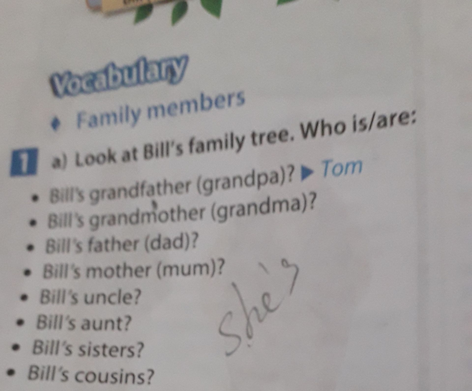 Фото задания: a) Look at Bill’s family tree. Who is/are: Bill’s grandfather (grandpa); Bill’s grandmother (grandma); Bill’s father (dad);…