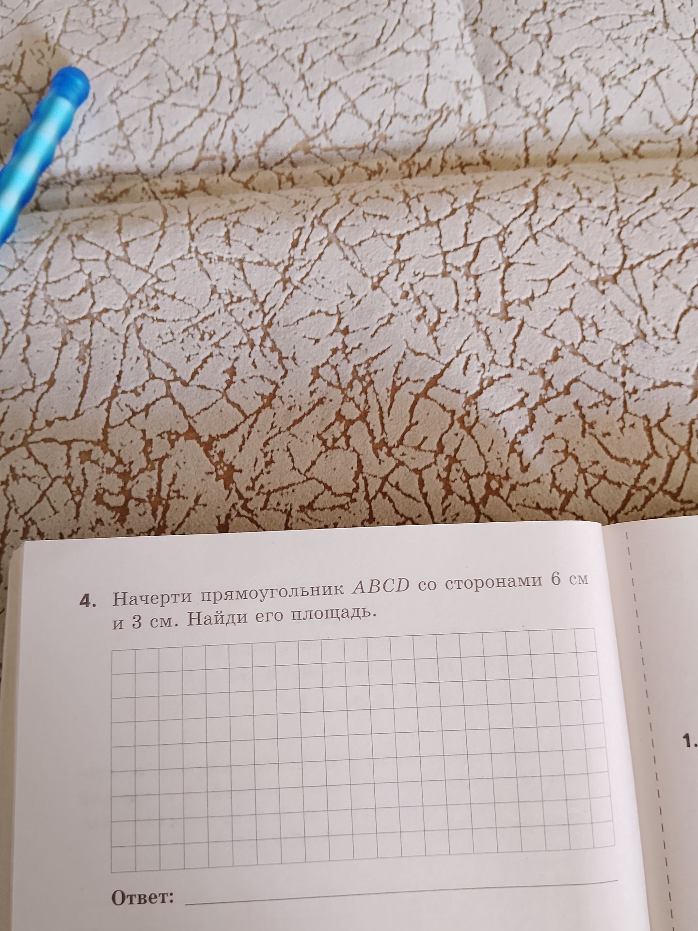 Фото задания: Начерти прямоугольник ABCD со сторонами 6 см и 3 см. Найди его площадь.