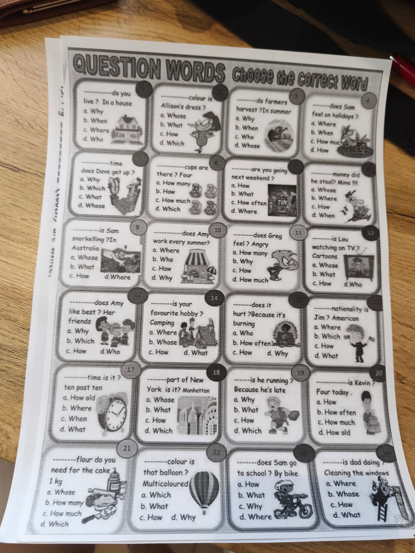 Фото задания: Choose the correct question word for each sentence, items 1–24.