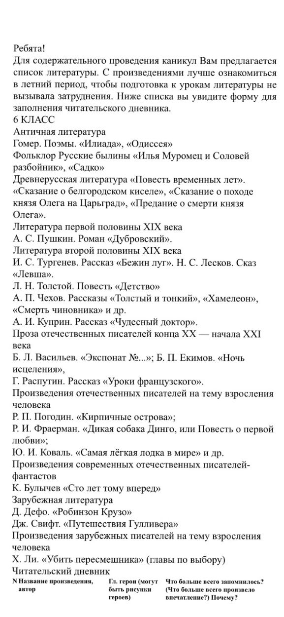 Фото задания: Заполнить читательский дневник по произведениям из списка литературы для 6 класса: название произведения и автор; главные…