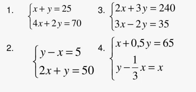 Фото задания: 1. Решите систему: x + y = 25; 4x + 2y = 70.