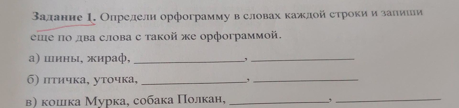 Фото задания: Задание 1. Определи орфограмму в словах каждой строки и запиши ещё по два слова с такой же орфограммой: а) шины, жираф; б)…