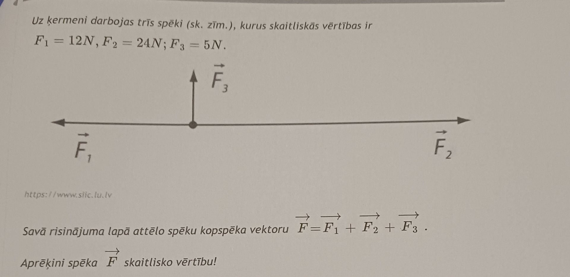 Фото задания: Uz ķermeni darbojas trīs spēki (sk. zīm.), kuru skaitliskās vērtības ir F₁ = 12 N, F₂ = 24 N, F₃ = 5 N. Savā risinājuma…