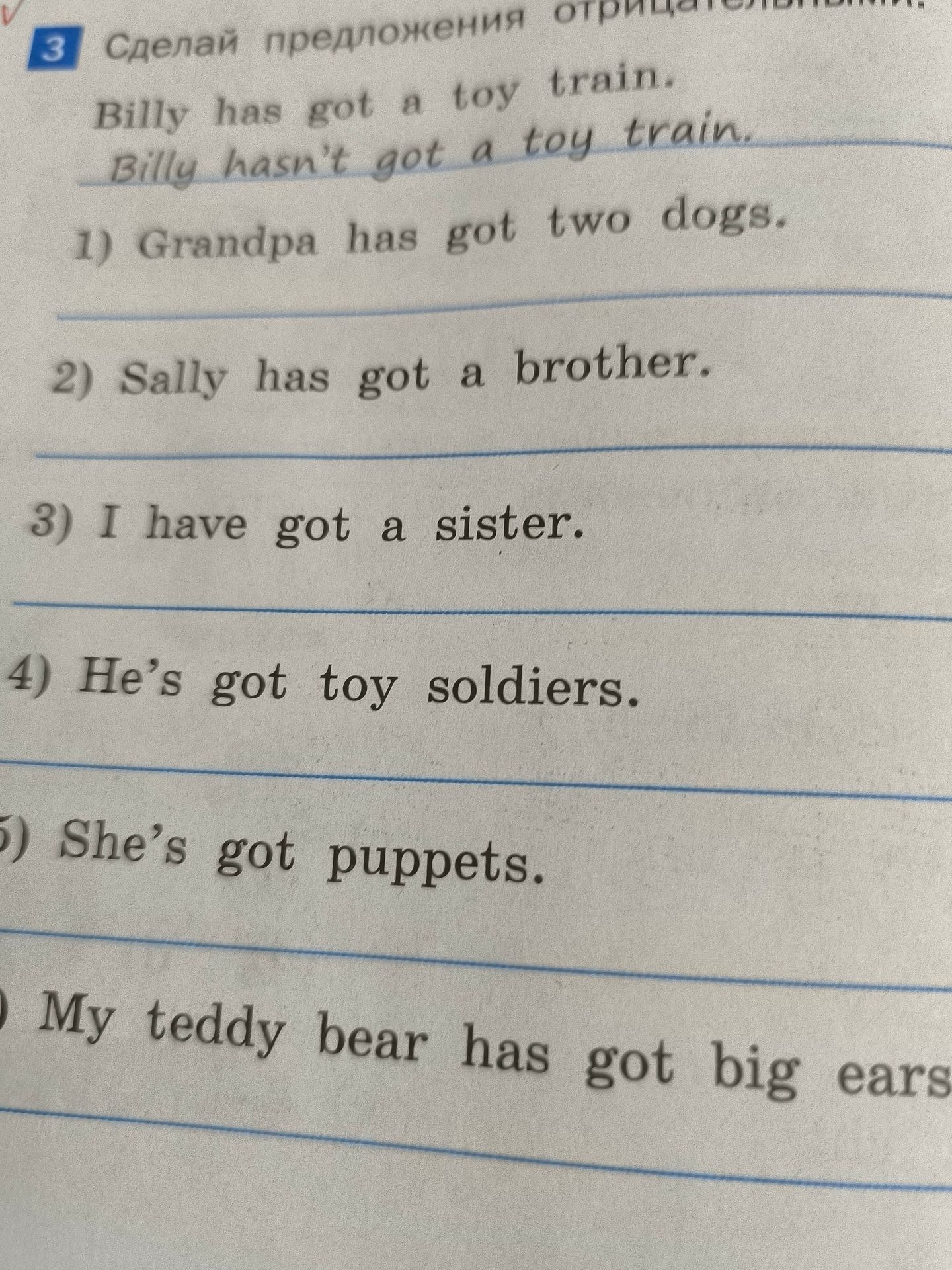 Фото задания: Make the sentences negative: 1) Grandpa has got two dogs. 2) Sally has got a brother. 3) I have got a sister. 4) He’s got toy…