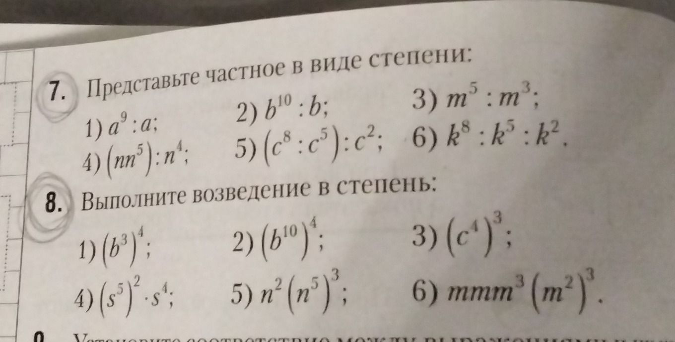 Фото задания: 7. Представьте частное в виде степени: 1) a⁹ : a; 2) b¹⁰ : b; 3) m⁵ : m³; 4) (mn⁵) : n⁴; 5) (c⁸ : c⁵) : c²; 6) k⁸ : k⁵ : k².