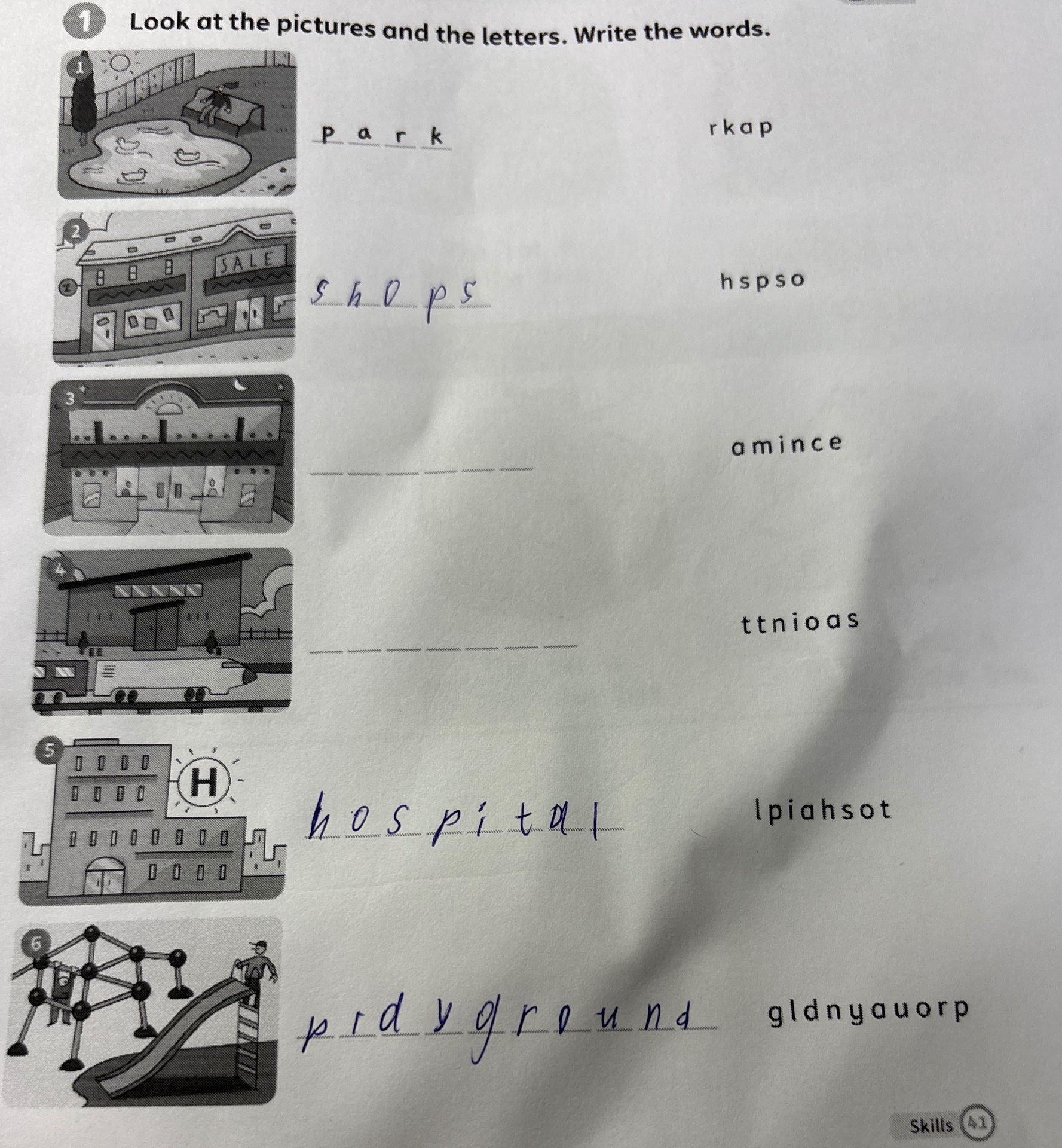 Фото задания: Look at the pictures and the letters. Write the words. 1) rkap (picture: park); 2) hspos (picture: shops); 3) amince…