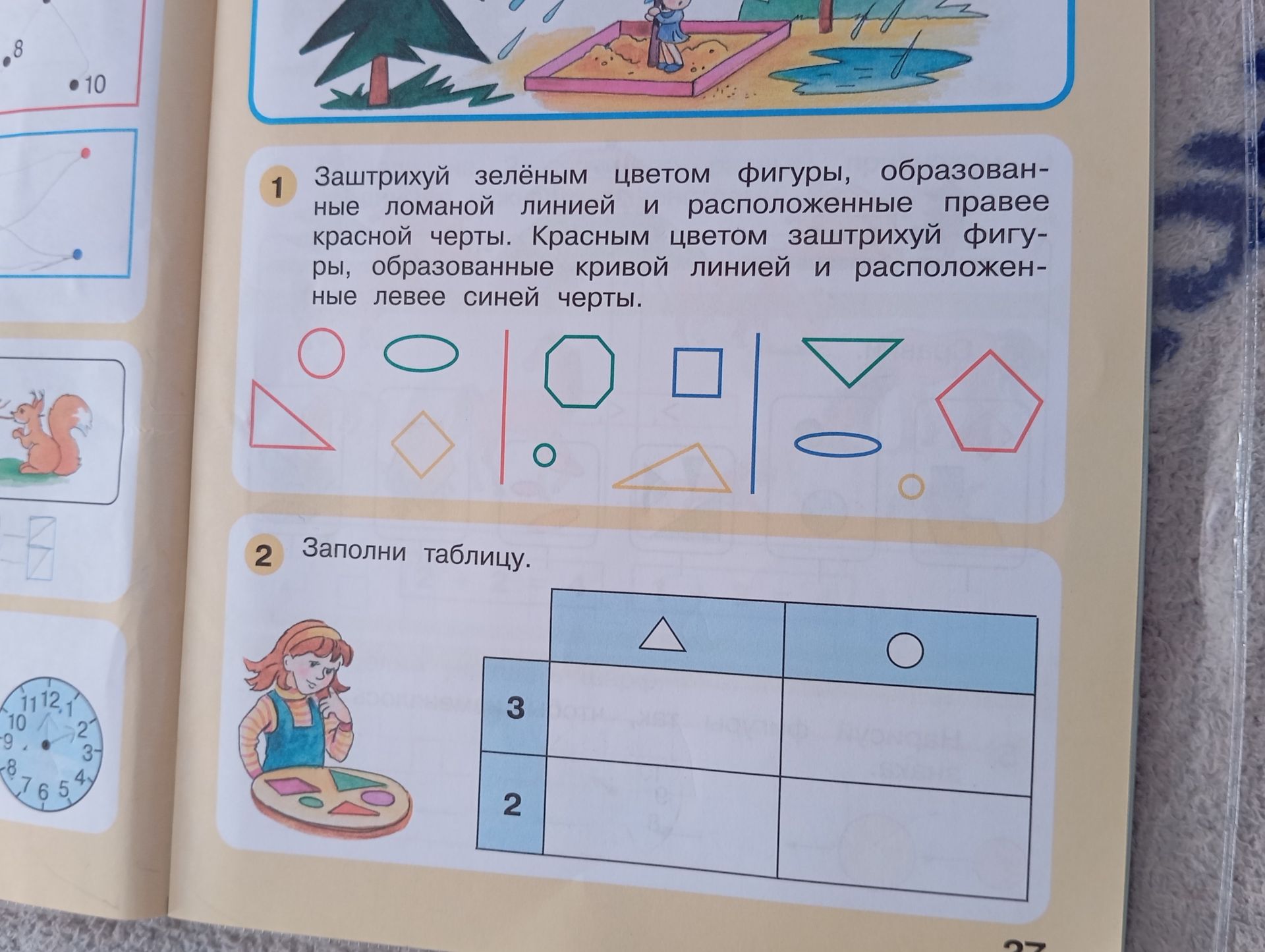 Фото задания: Заштрихуй зелёным цветом фигуры, образованные ломаной линией и расположенные правее красной черты. Красным цветом заштрихуй…
