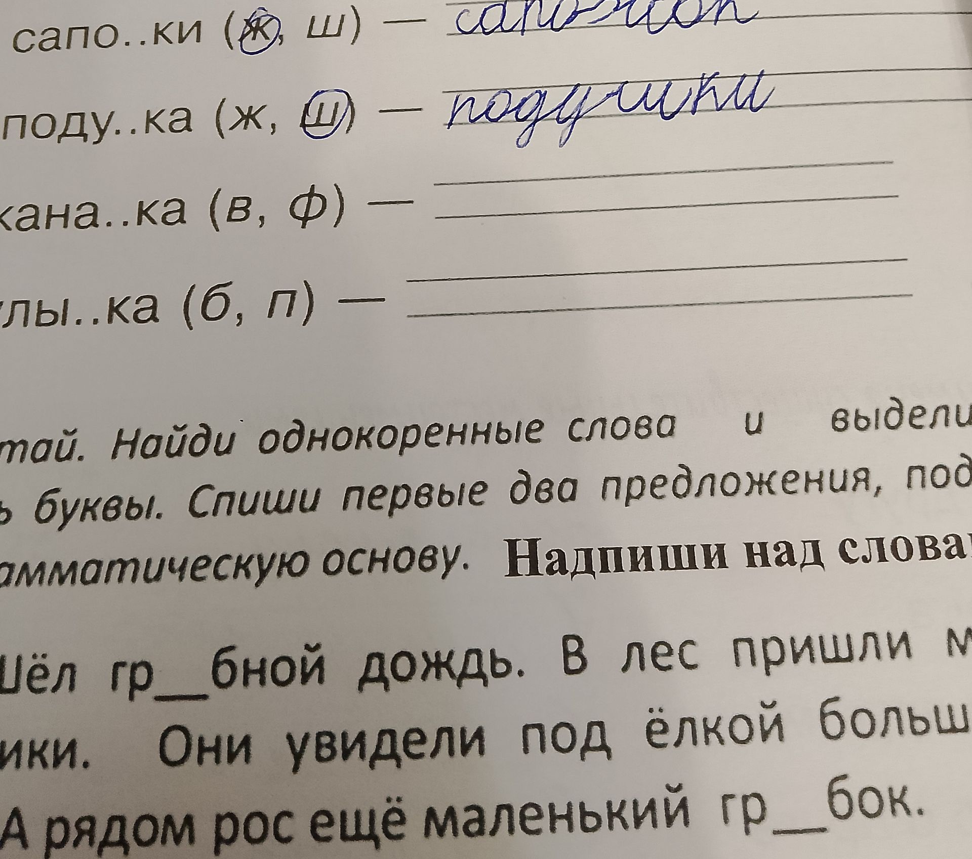 Фото задания: Вставь пропущенные буквы и запиши слова полностью: сапо..ки (ж, ш); поду..ка (ж, ш); кана..ка (в, ф); улыб..ка (б, п).