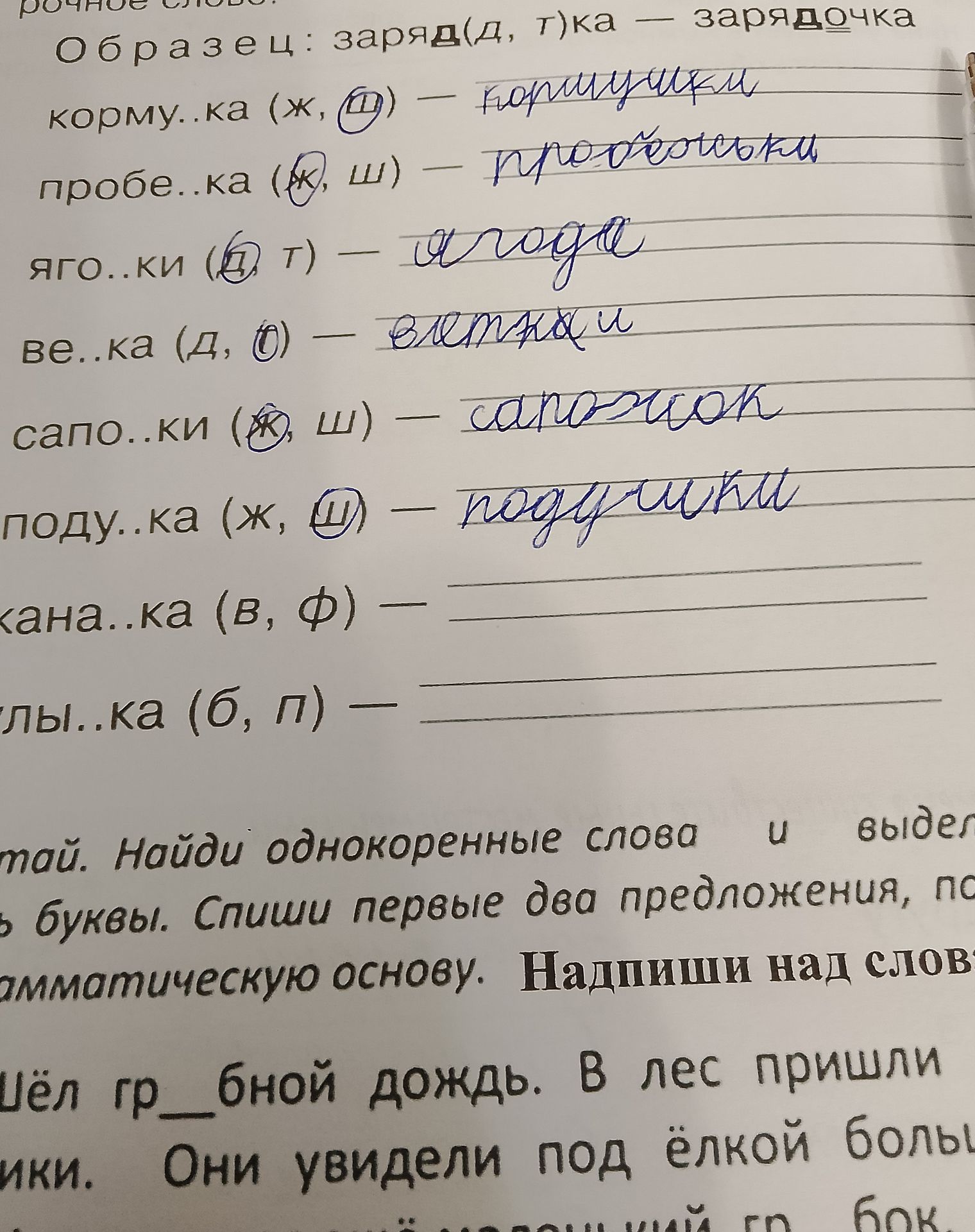 Фото задания: Вставь пропущенные буквы и запиши однокоренные слова: корму..ка (ж, ш); пробе..ка (ж, ш); яго..ки (д, т); ве..ка (д, т);…