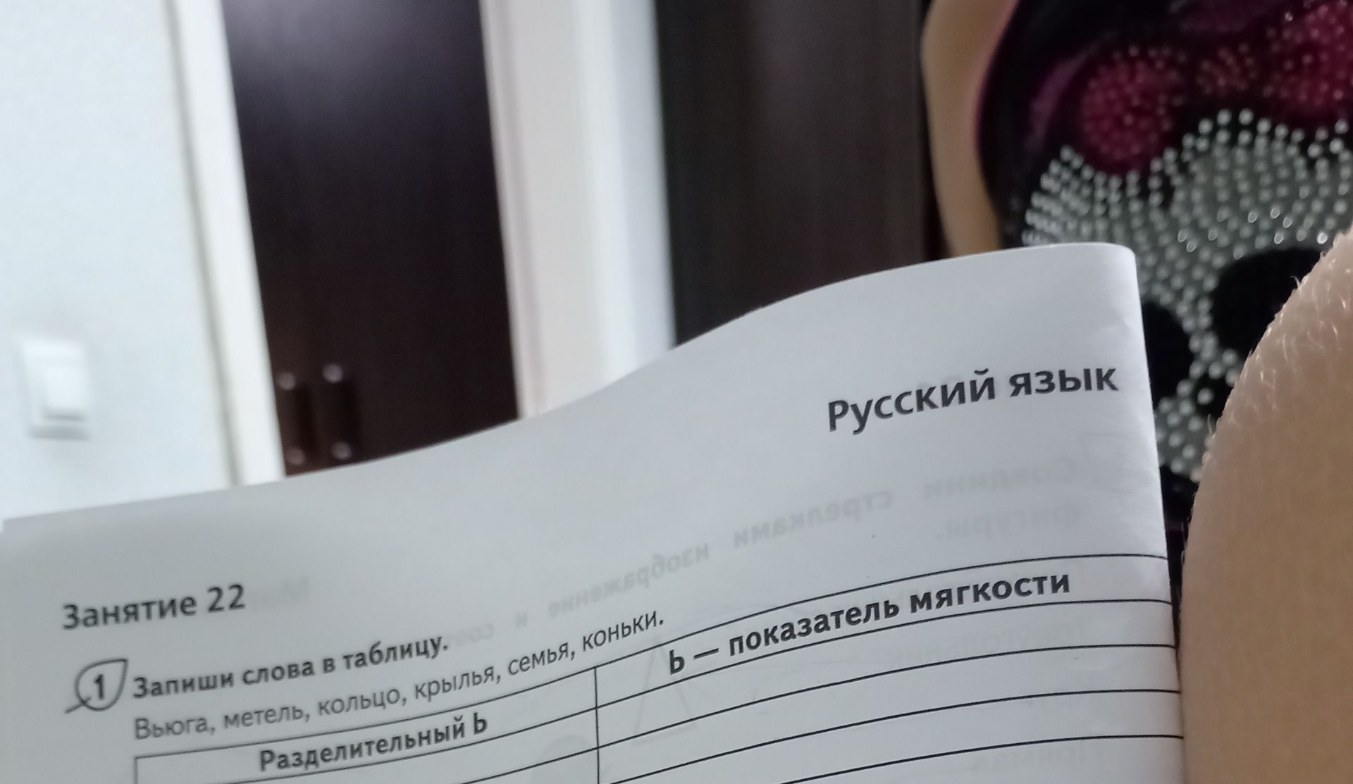 Фото задания: Занятие 22. Запиши слова в таблицу. Вьюга, метель, кольцо, крылья, семья, коньки. Разделительный ь; ь — показатель мягкости.