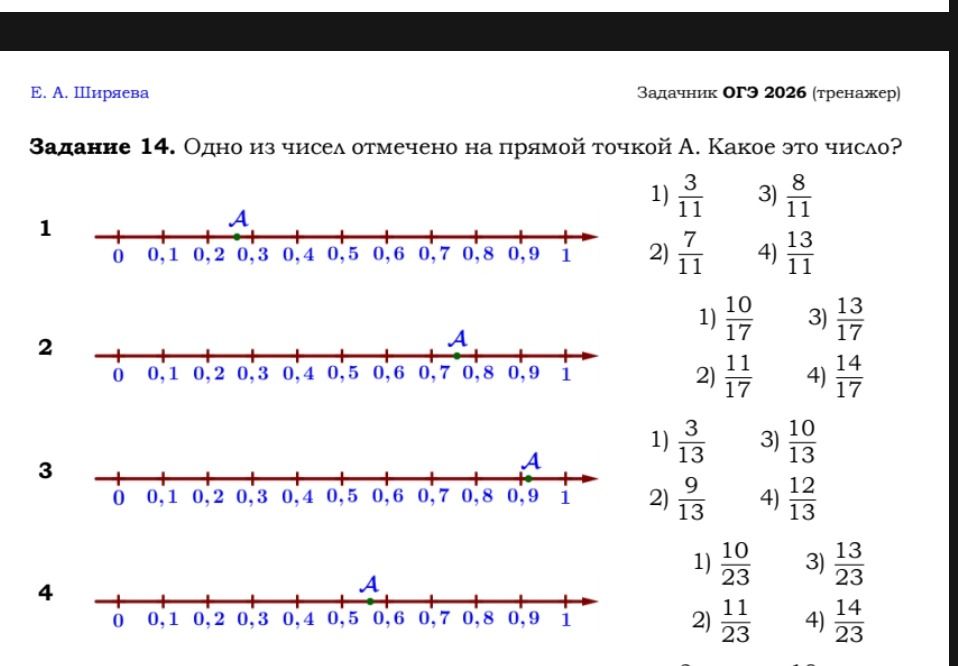 Фото задания: Задание 14. Одно из чисел отмечено на прямой точкой A. Какое это число? 1) 3/11; 2) 7/11; 3) 8/11; 4) 13/11. На рисунке 1…