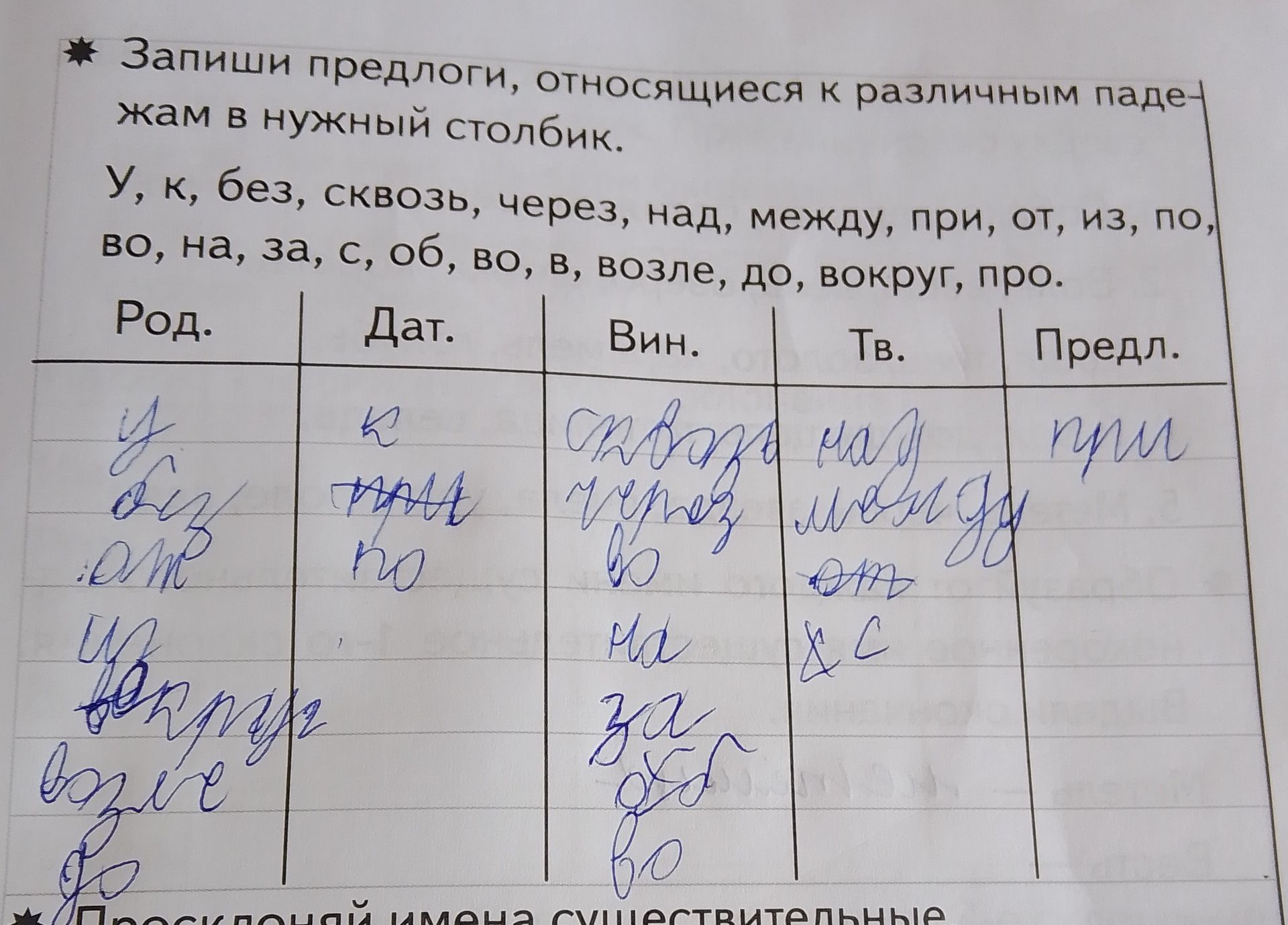 Фото задания: Запиши предлоги, относящиеся к различным падежам, в нужный столбик: у, к, без, сквозь, через, над, между, при, от, из, по,…