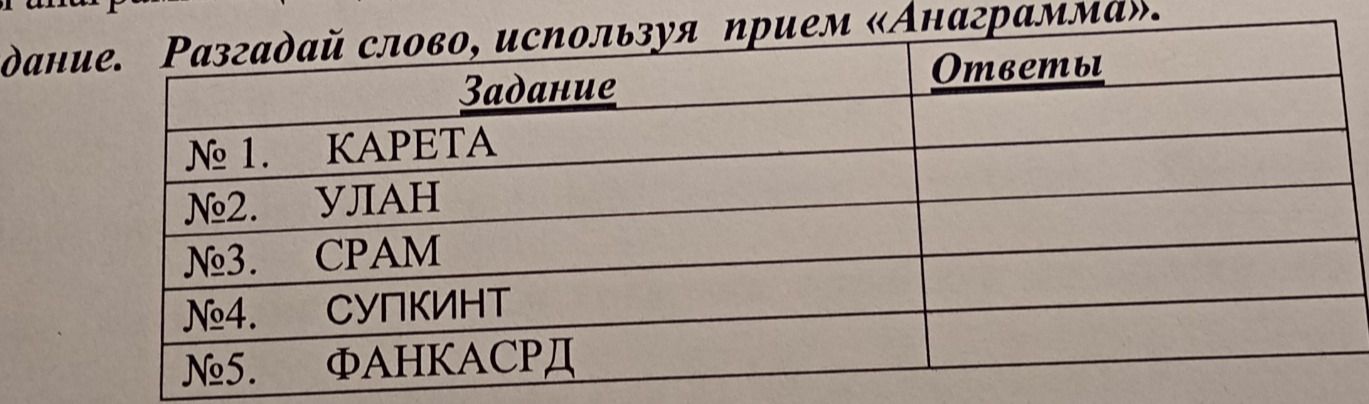 Фото задания: Разгадай слово, используя приём «Анаграмма»: № 1. КАРЕТА; № 2. УЛАН; № 3. СРАМ; № 4. СУПКИНТ; № 5. ФАНКАСРД.