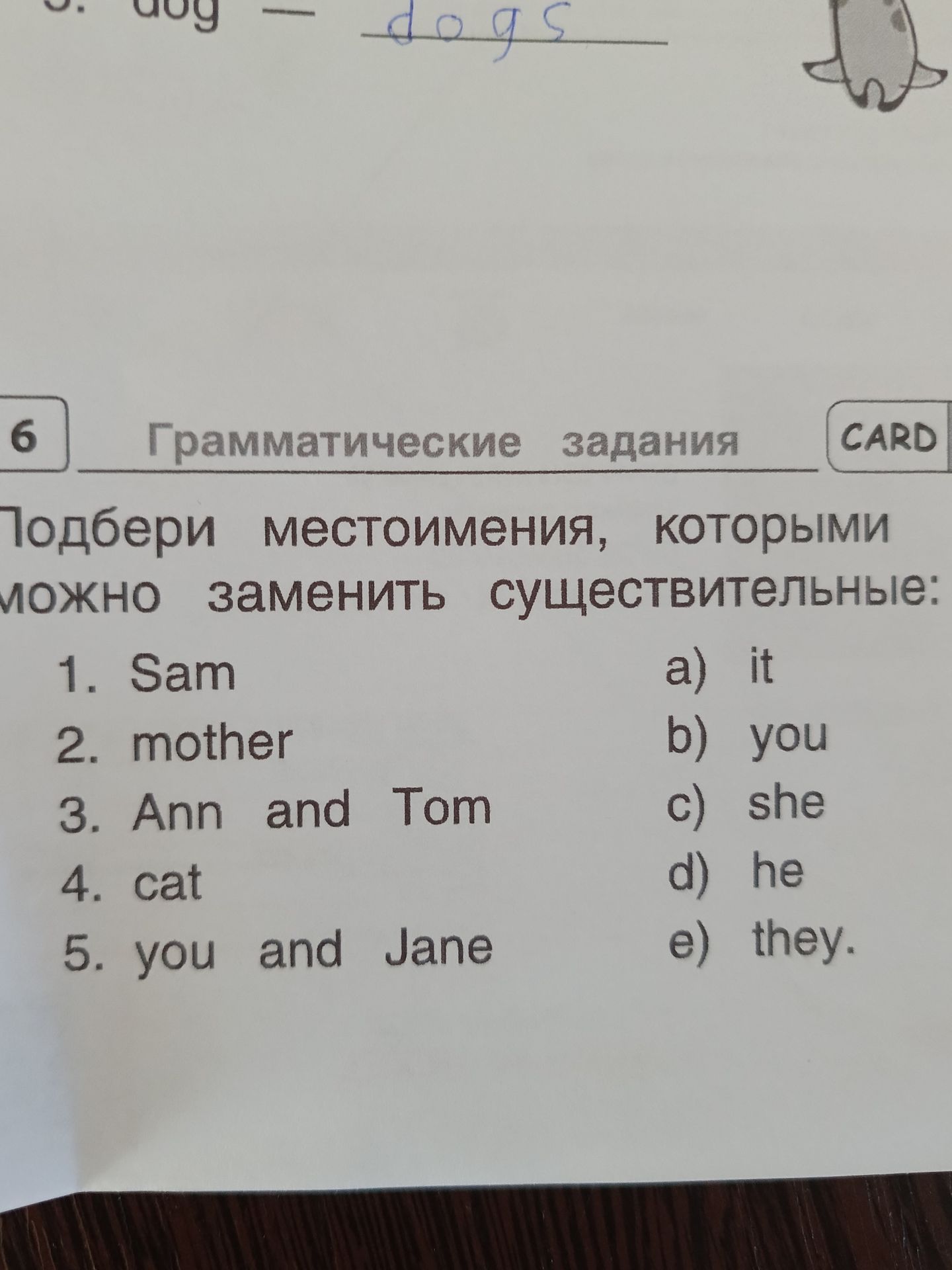 Фото задания: Подбери местоимения, которыми можно заменить существительные: 1) Sam; 2) mother; 3) Ann and Tom; 4) cat; 5) you and Jane.…
