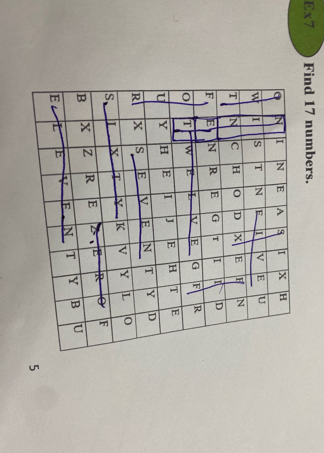 Фото задания: Find 17 numbers in the letter grid.