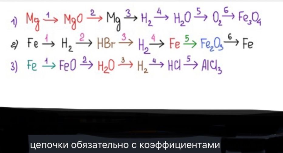 Фото задания: Расставить коэффициенты и осуществить цепочки превращений: 1) Mg → MgO → Mg → H₂ → H₂O → O₂ → Fe₃O₄; 2) Fe → H₂ → HBr → H₂…