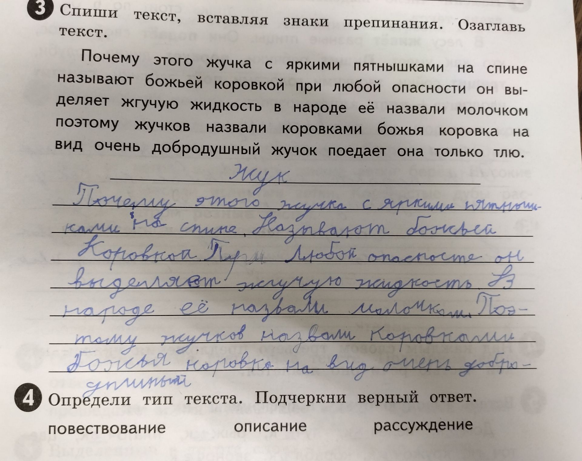 Фото задания: Спиши текст, вставляя знаки препинания. Озаглавь текст. Почему этого жучка с яркими пятнышками на спине называют божьей…