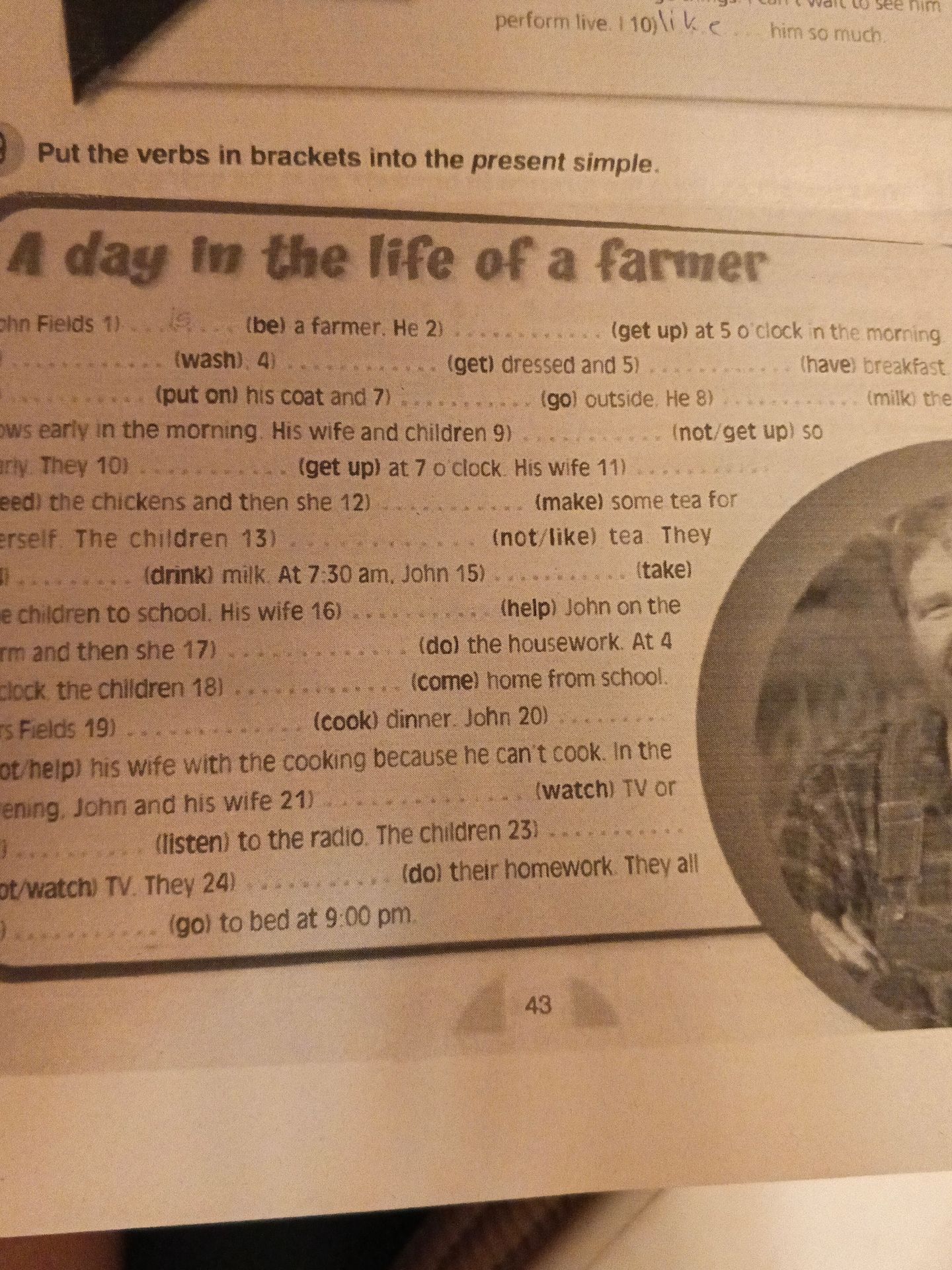 Фото задания: Put the verbs in brackets into the present simple. “A day in the life of a farmer.” Complete items 1–24.