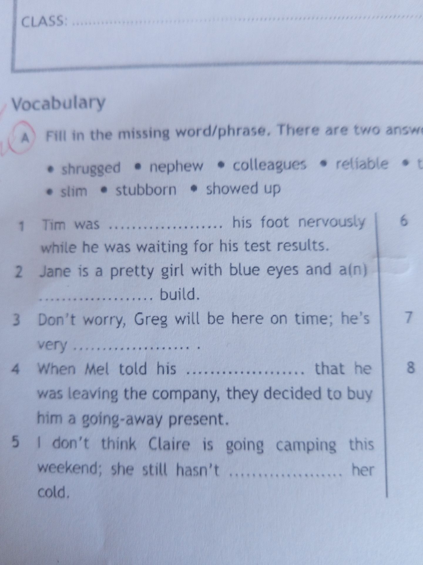 Фото задания: Vocabulary A. Fill in the missing word/phrase. Use: shrugged, nephew, colleagues, reliable, slim, stubborn, showed up. 1) Tim…