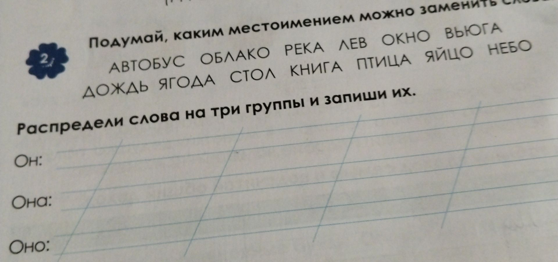 Фото задания: Подумай, каким местоимением можно заменить слова. Распредели слова на три группы и запиши их: автобус, облако, река, лев,…