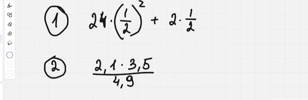 Фото задания: 1) Вычислите: 24·(1/2)^2 + 2·1/2; 2) Вычислите: (2,1·3,5)/4,9.