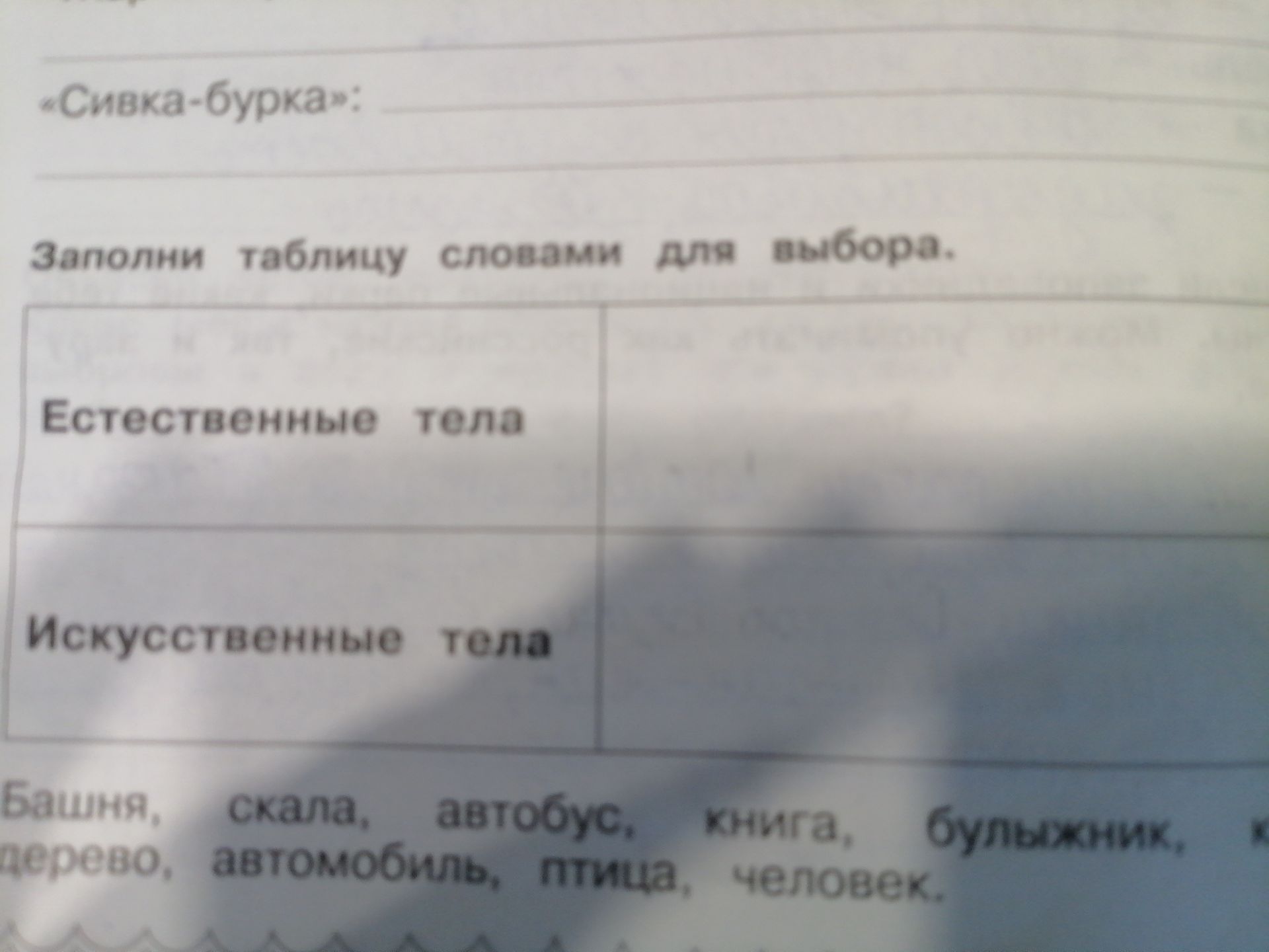 Фото задания: Заполни таблицу словами для выбора. Естественные тела; искусственные тела. Слова: башня, скала, автобус, книга, булыжник,…