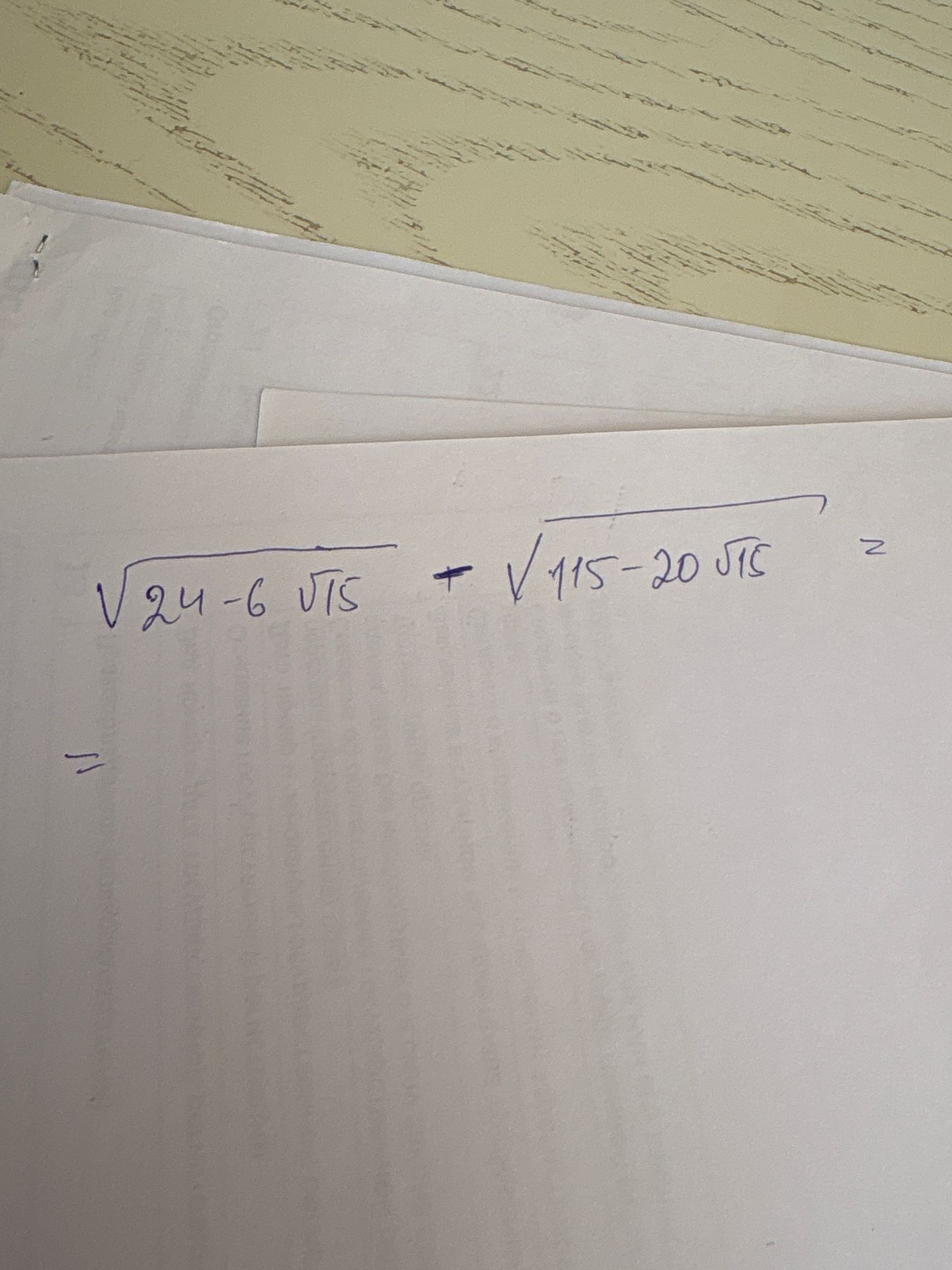 Фото задания: Вычислить: \(\sqrt{24-6\sqrt{15}}+\sqrt{115-20\sqrt{15}}\).