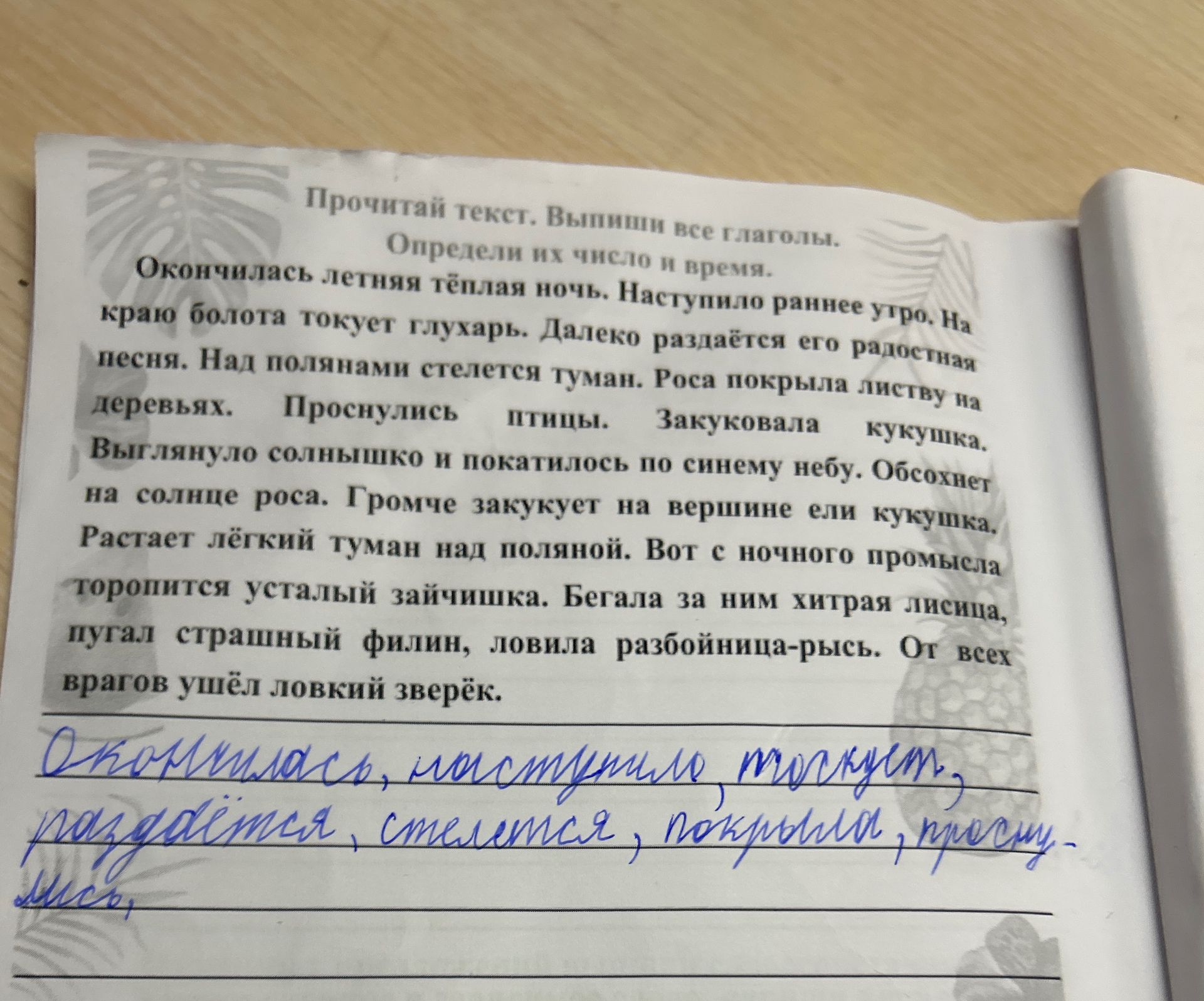 Фото задания: Прочитай текст. Выпиши все глаголы. Определи их число и время. «Окончилась летняя тёплая ночь. Наступило раннее утро. На краю…