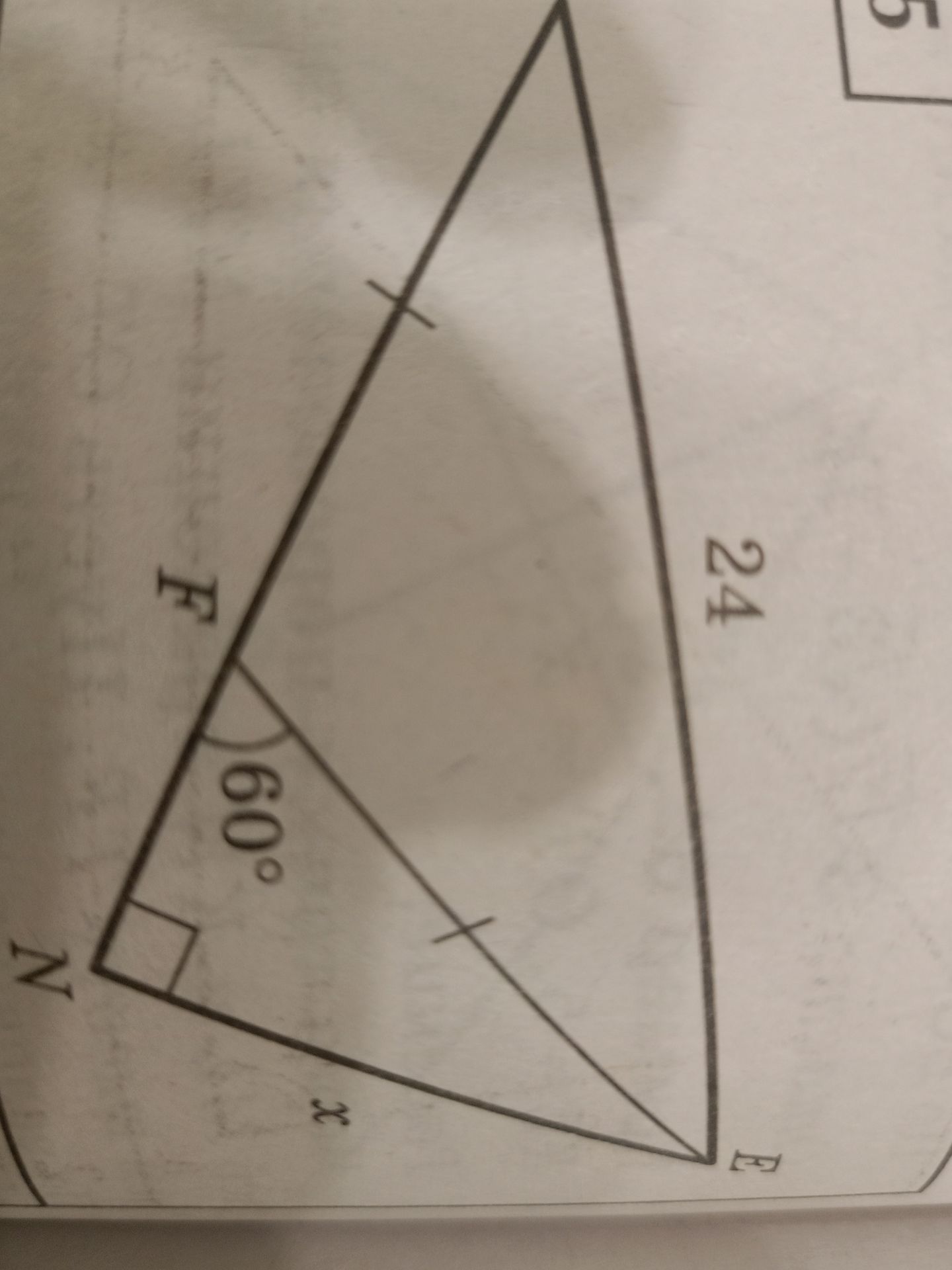 Фото задания: На рисунке EF = EM, угол FME = 60°, угол EMN = 90°. Найдите x = NE.
