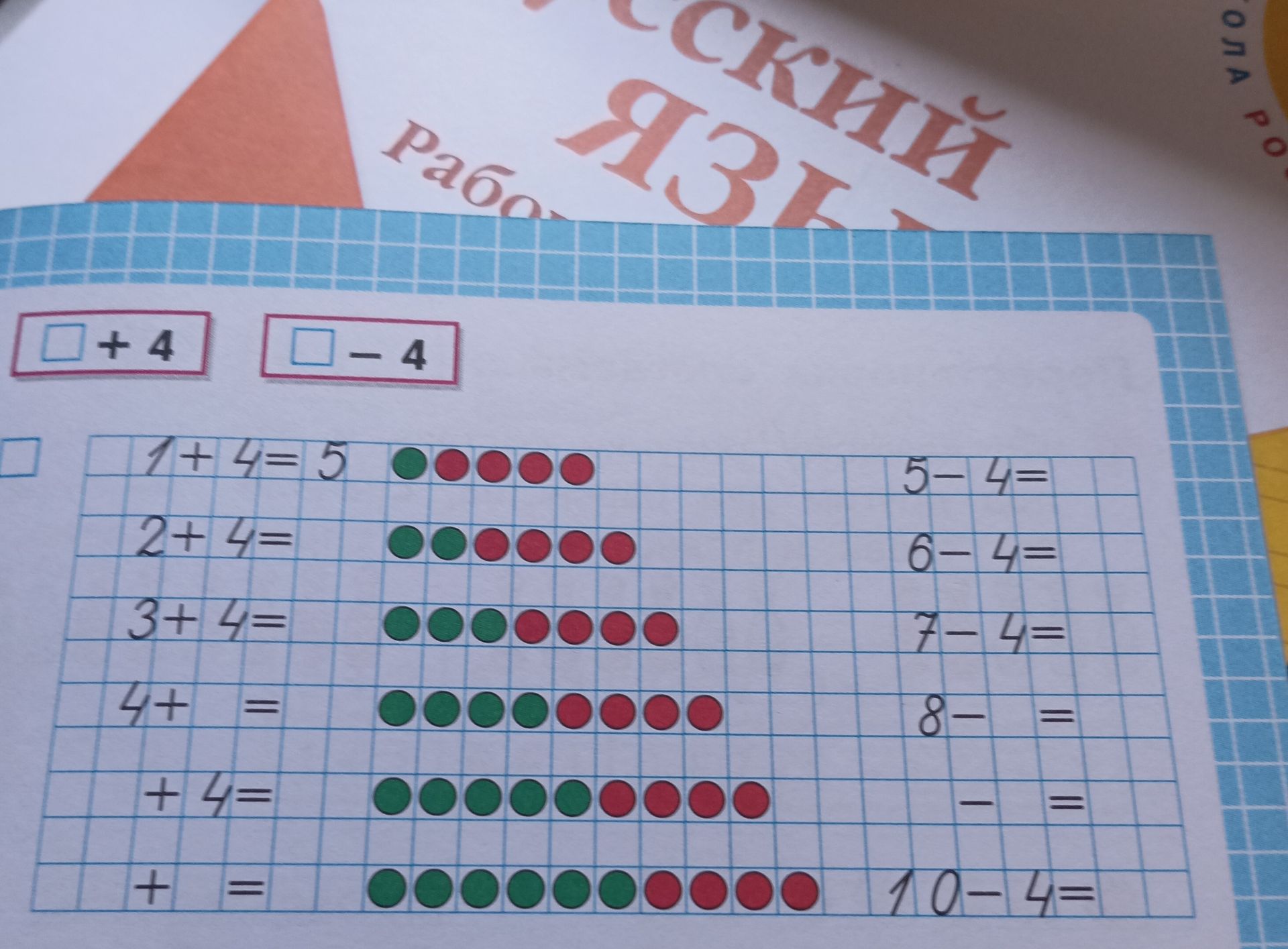 Фото задания: Заполнить примеры на сложение и вычитание по рисункам: 1 + 4, 2 + 4, 3 + 4, 4 + 4, 5 + 4, 6 + 4, 7 + 4, 8 + 4, 9 + 4, 10 +…
