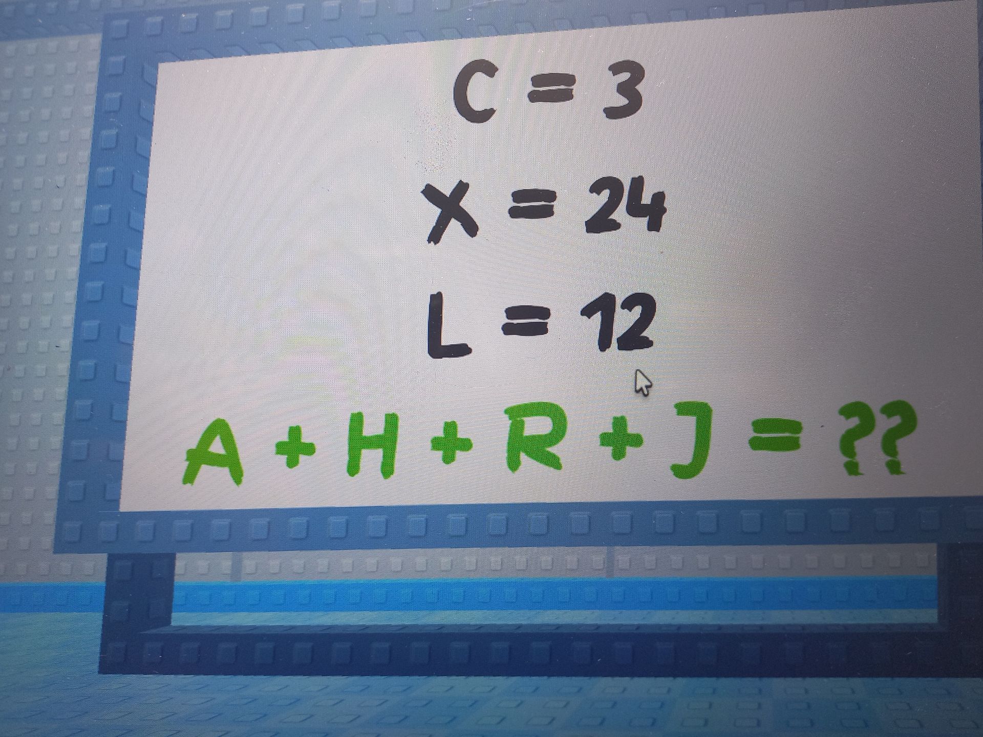 Фото задания: Вычислите сумму: C = 3, X = 24, L = 12. Найдите A + H + R + J.