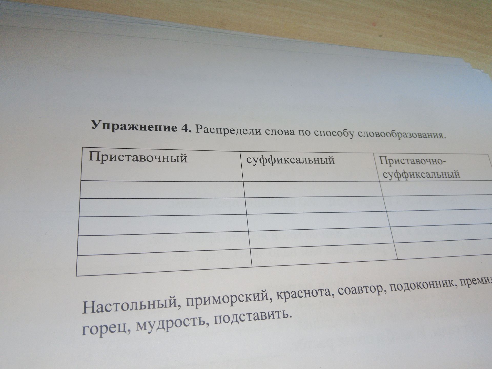 Фото задания: Упражнение 4. Распредели слова по способу словообразования: настольный, приморский, краснота, соавтор, подоконник, премьер,…