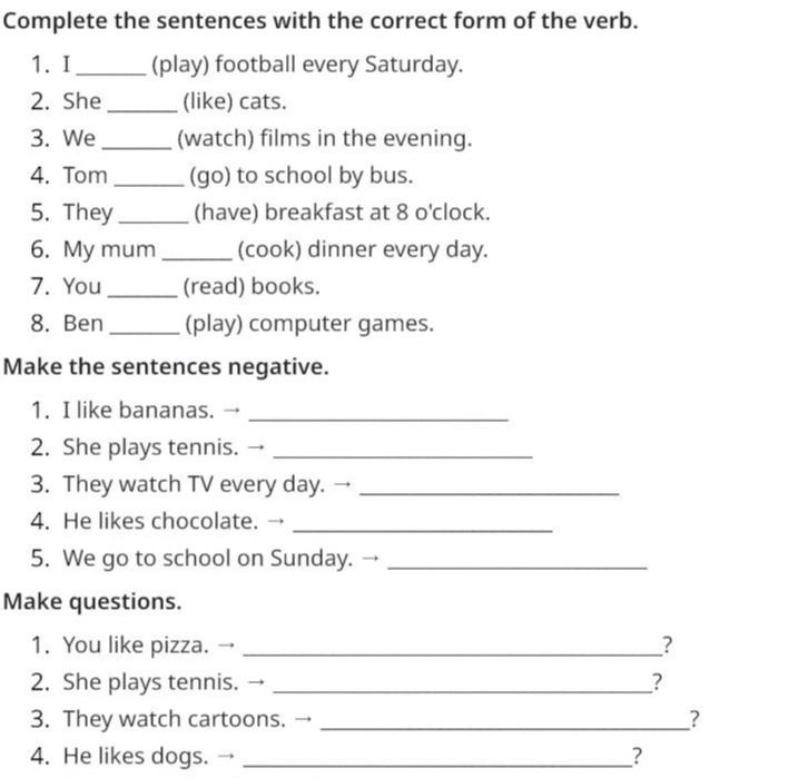 Фото задания: Make the sentences negative: 1) I like bananas. 2) She plays tennis. 3) They watch TV every day. 4) He likes chocolate. 5) We…