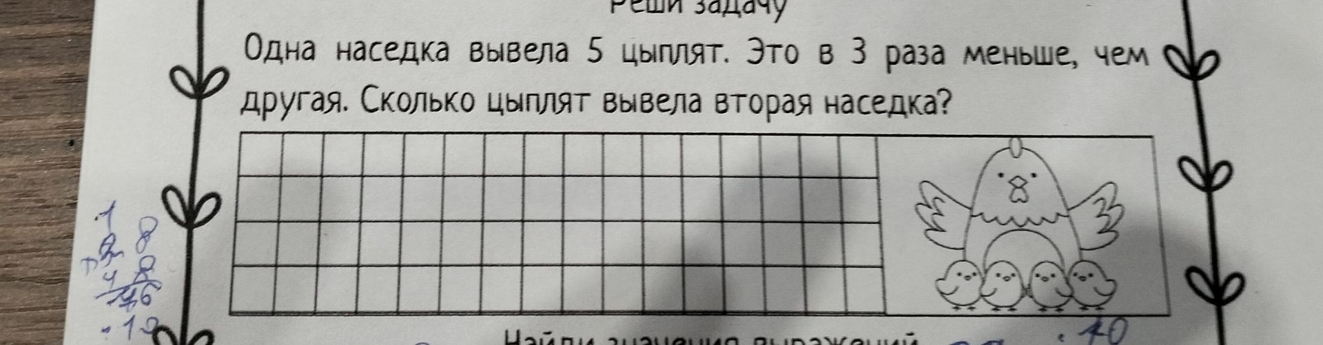 Фото задания: Одна наседка вывела 5 цыплят. Это в 3 раза меньше, чем другая. Сколько цыплят вывела вторая наседка?
