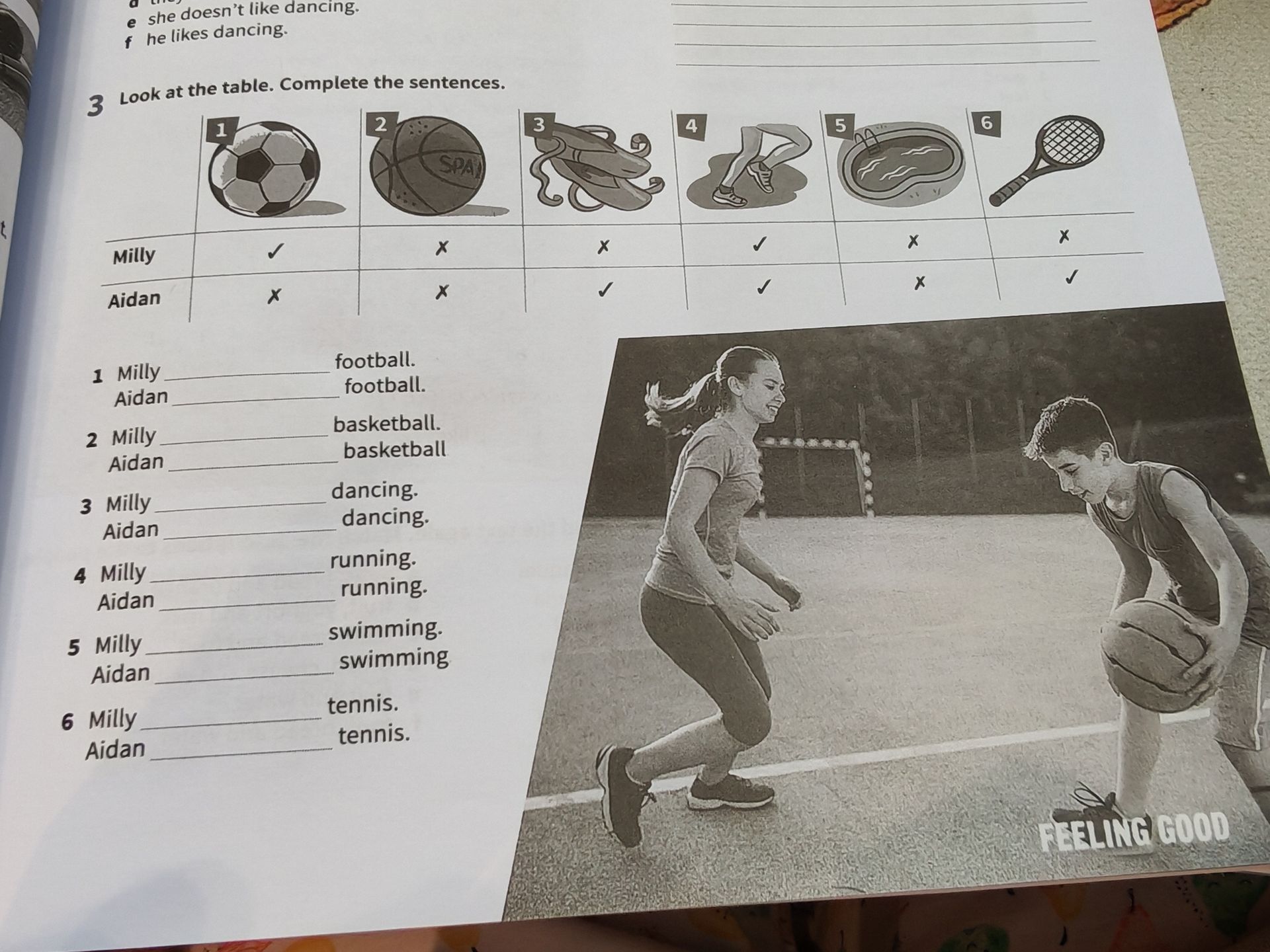 Фото задания: Look at the table. Complete the sentences. Use the table to say what Milly and Aidan like and do not like: 1) football; 2)…