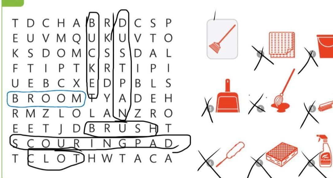 Фото задания: Find and circle the words for cleaning tools in the word search.