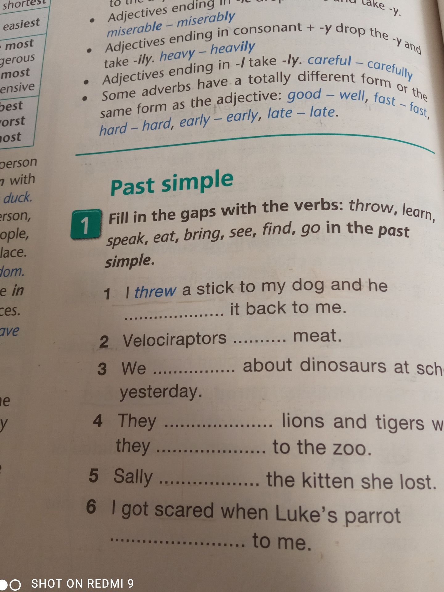 Фото задания: Fill in the gaps with the verbs: throw, learn, speak, eat, bring, see, find, go in the past simple. 1) I threw a stick to…