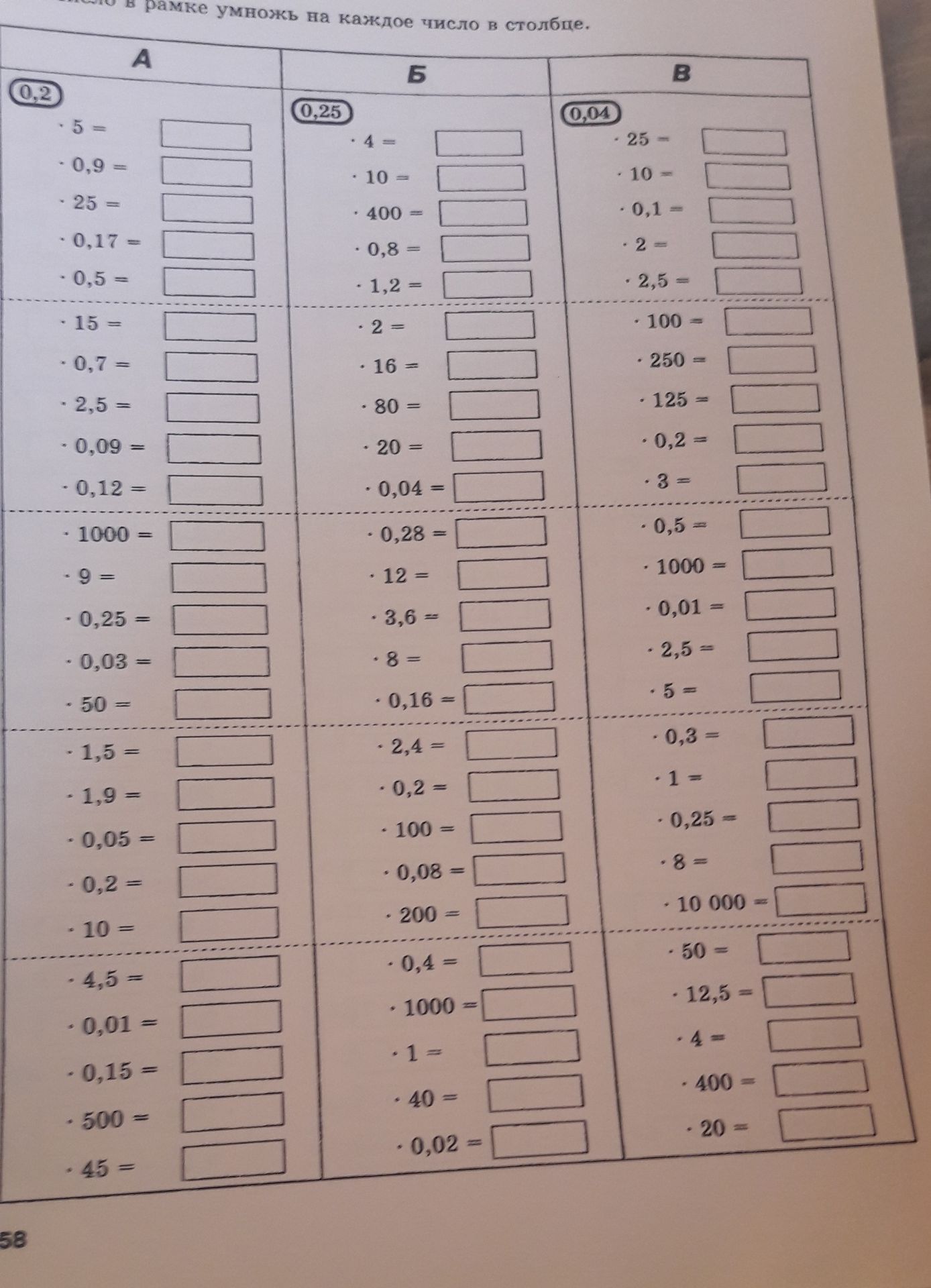 Фото задания: Вычислите произведения в каждом столбце: A) 0,2 · 5; 0,2 · 0,9; 0,2 · 25; 0,2 · 0,17; 0,2 · 0,5; 0,2 · 15; 0,2 · 0,7; 0,2 ·…