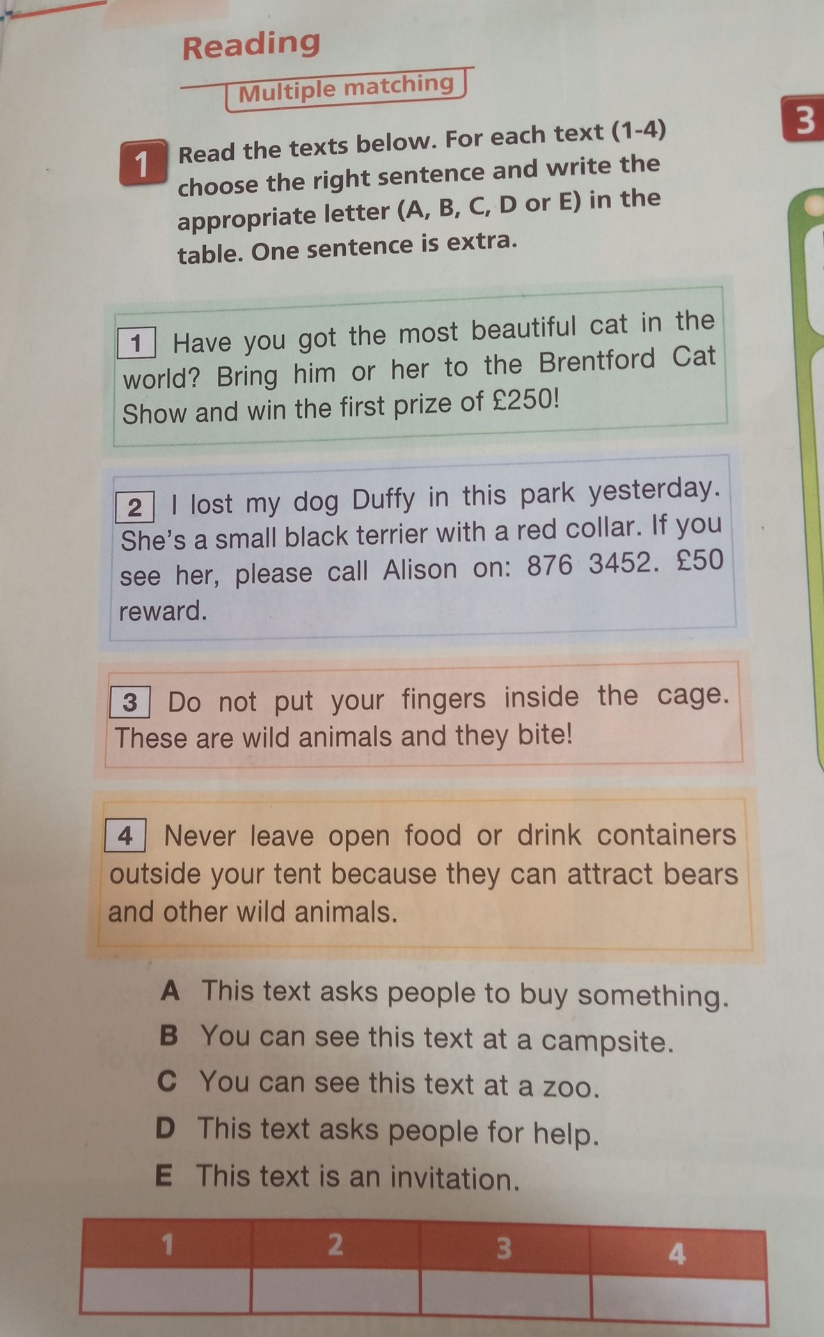 Фото задания: Read the texts below. For each text (1–4) choose the right sentence and write the appropriate letter (A, B, C, D or E) in the…