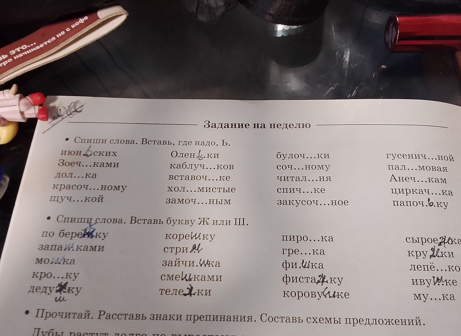 Фото задания: Спиши слова. Вставь, где надо, Ь: июнь…ских, Зоеч…ками, доп…ка, красоч…ному, щуч…кой, Олен…ки, каблуч…ков, вставоч…ке,…